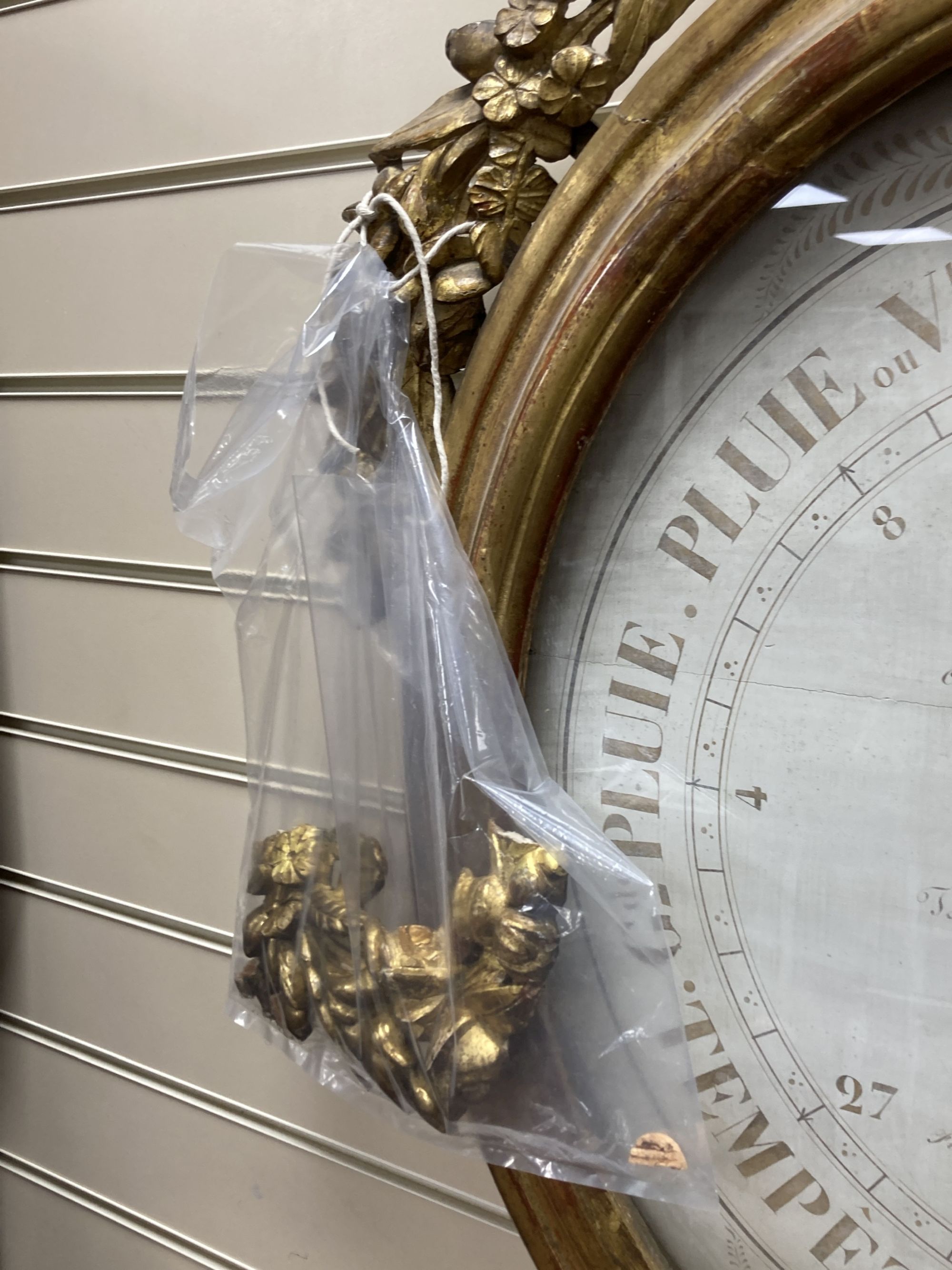 A 19th century French carved giltwood barometer / thermometer, width 68cm, height 92cm